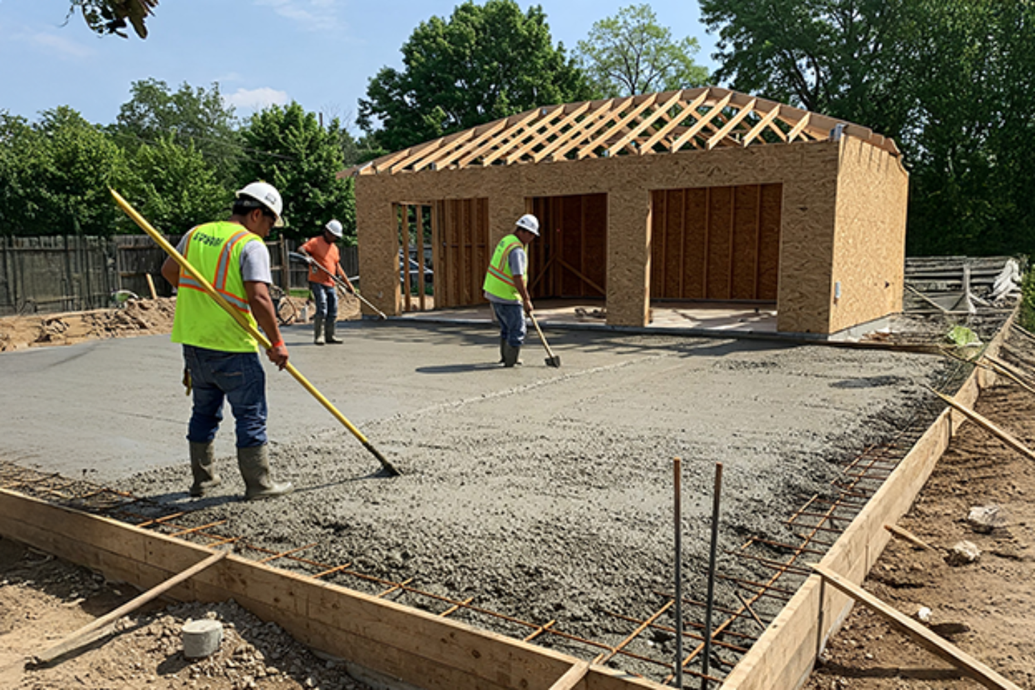 Garage slab form installation in progress.
